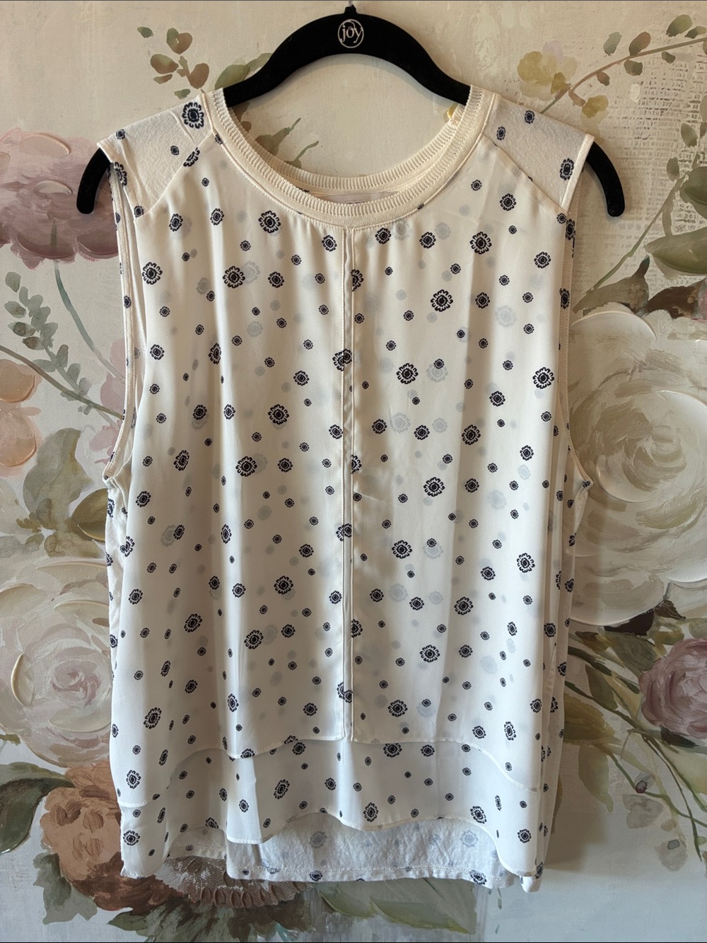 LOFT Cream tank Top shell with Black circle Design Jersey back scoop neck